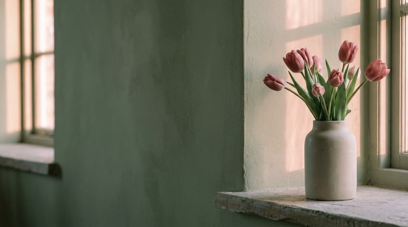 Rosa Tulpen in einer Vase am Fenster, warmes Licht. Aufbruch und Neubeginn