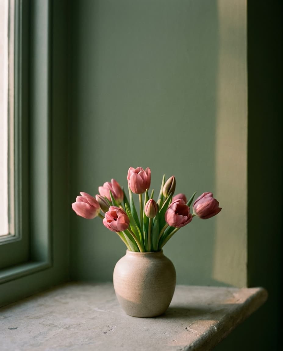Rosa Tulpen in einer Vase am Fenster, warmes Licht. Aufbruch und Neubeginn