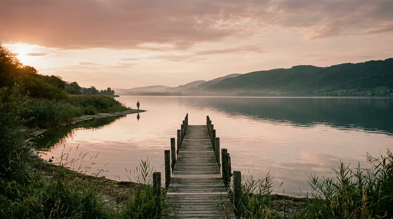 Holzsteg am Wasser im ruhigen Abendlicht
